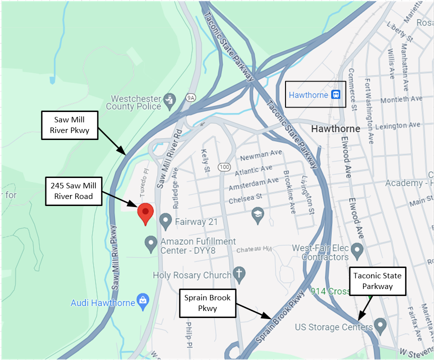 Map showing 245 Saw Mill River Road near the Saw Mill River Parkway, Sprain Brook Parkway, Taconic State Parkway, and Hawthorne train station
