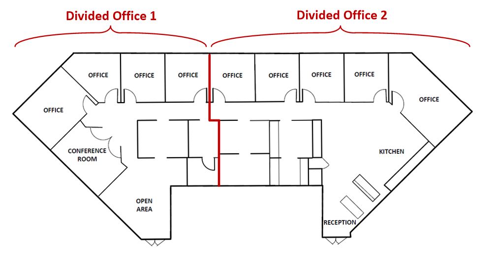 Divided floor plan showing the office split into two separate areas