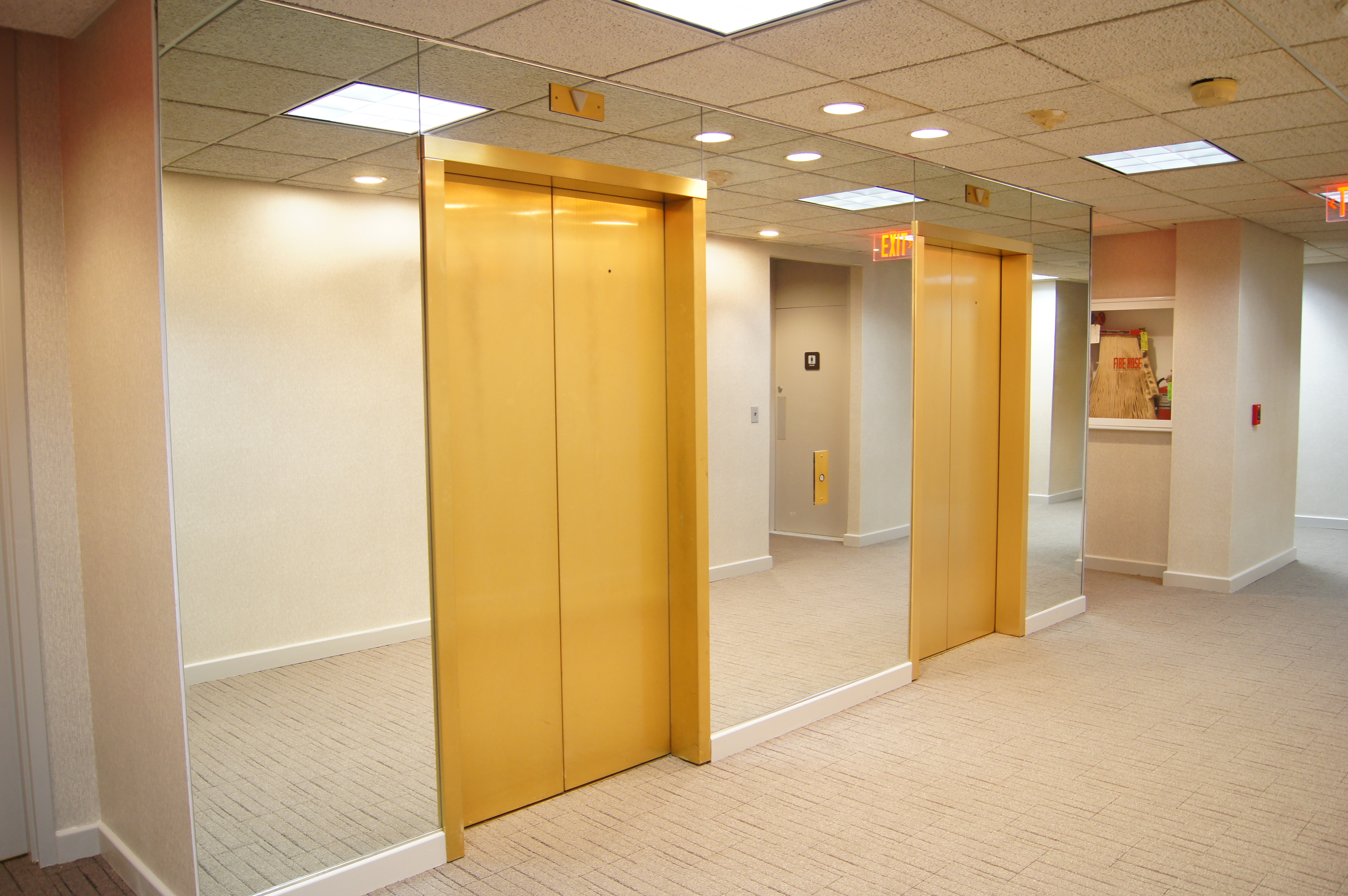 Building lobby view with elevator doors